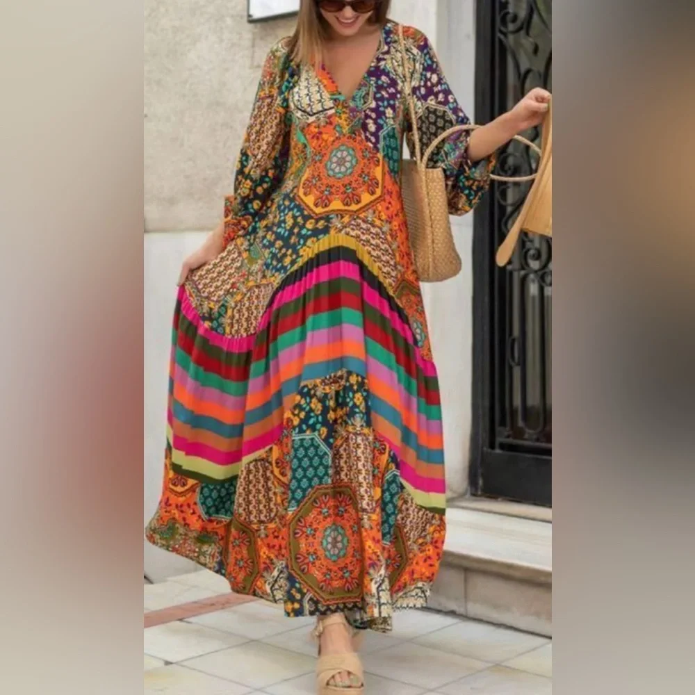 Multicolor Printed Bohemian Maxi Dress multiple sizes S-L - Picture 1 of 11